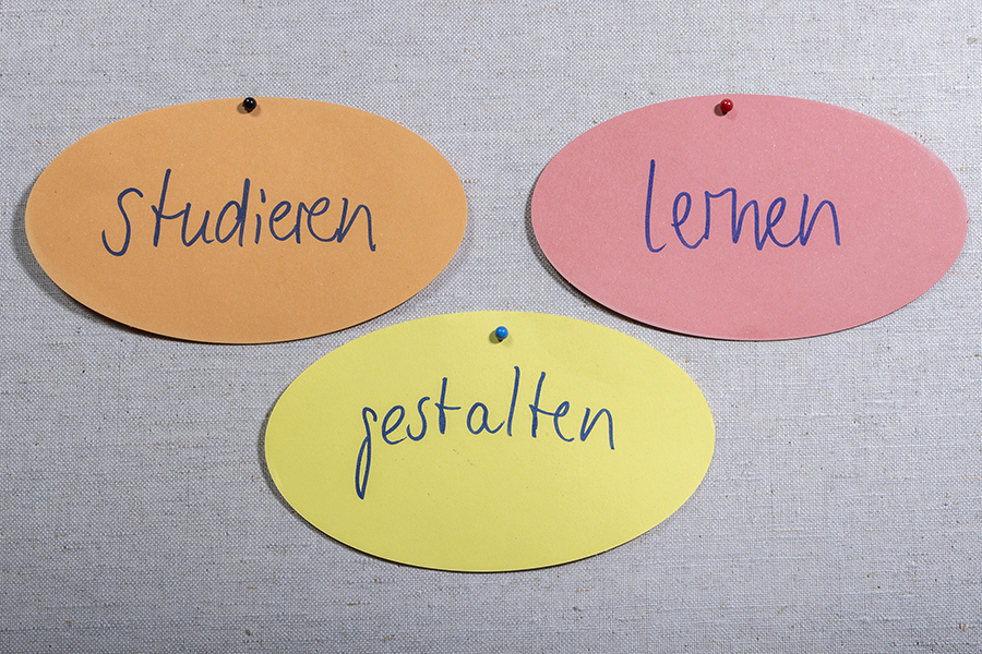 Papierstücke mit Aufschriften, Studieren, Lernen, Gestalten Papierstücke mit Aufschriften, Studieren, Lernen, Gestalten